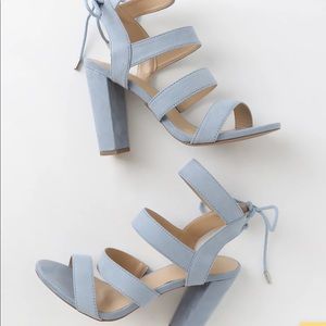 Lulu’s Marlena Blue Grey Suede Caged Lace Up Heels